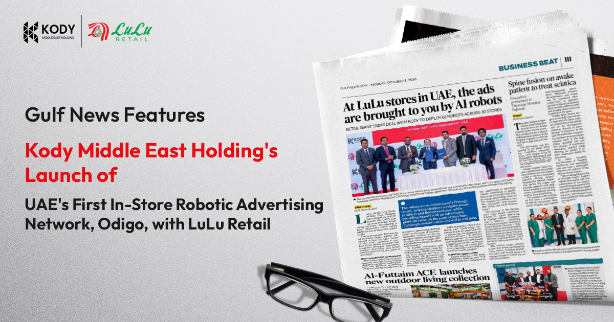 Gulf News features Kody Middle East Holding’s launch of Odigo, UAE’s first in-store robotic advertising network with Lulu Retail.